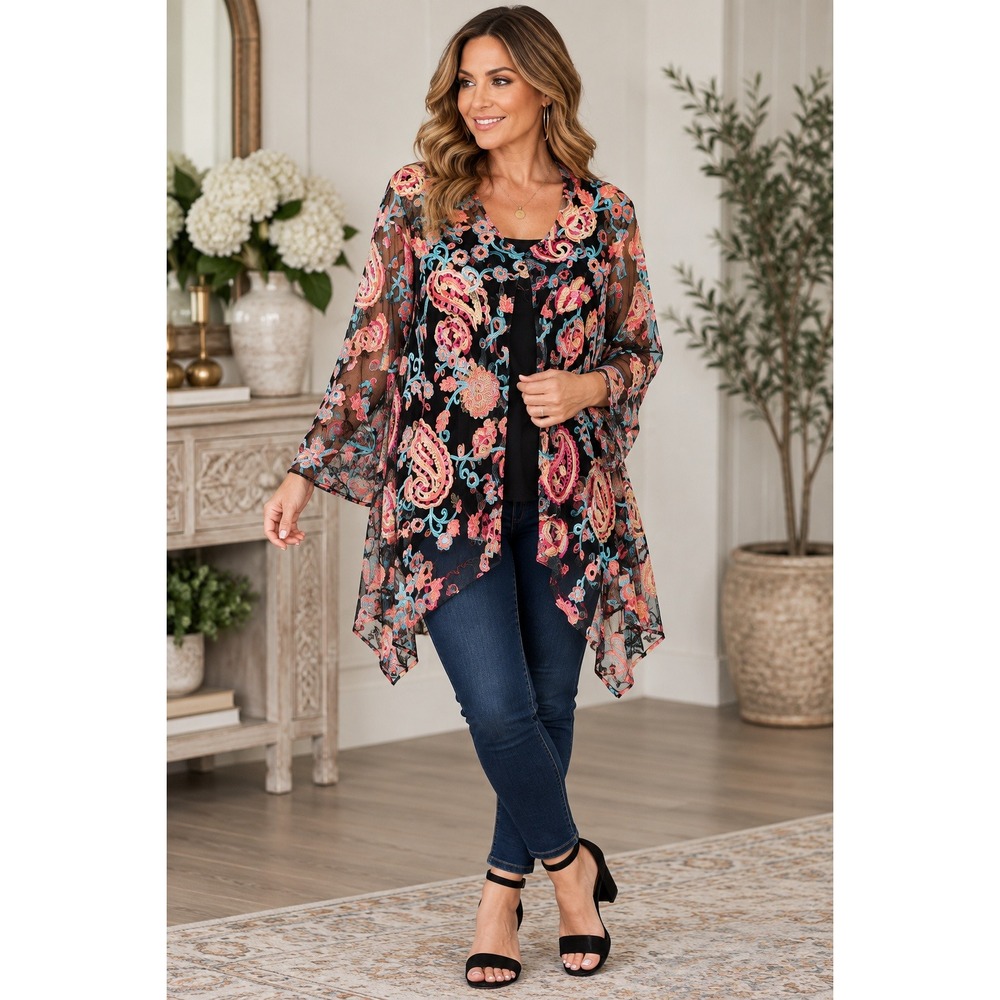 Ali Miles Womens 1X Embroidered Mesh Cardigan and Tank Set Paisley Floral Black